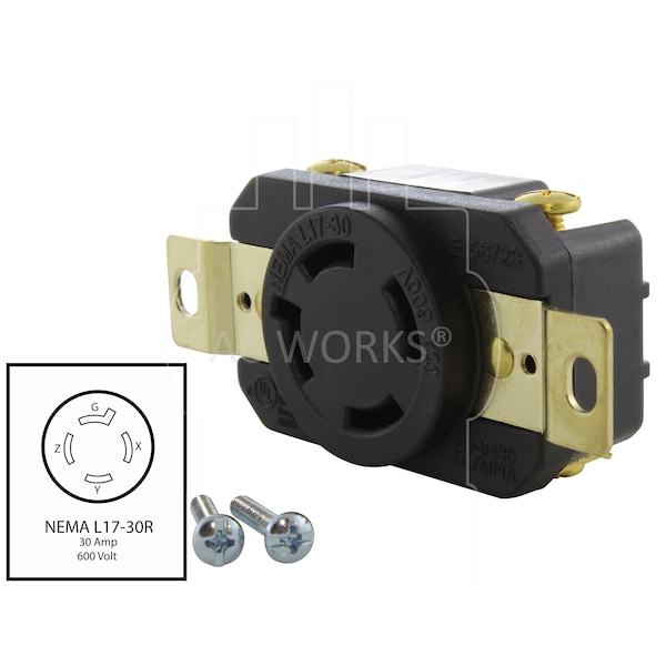 30A, 600V, NEMA L17-30R Flush Mount Locking Industrial Grade Receptacle